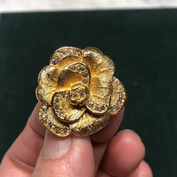 Dior gold brush tone floral clip on earrings with rhinestones. - Picture 2 of 7